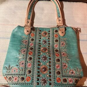 Montana West Turquoise and Tan Embroidered Shoulder Bag